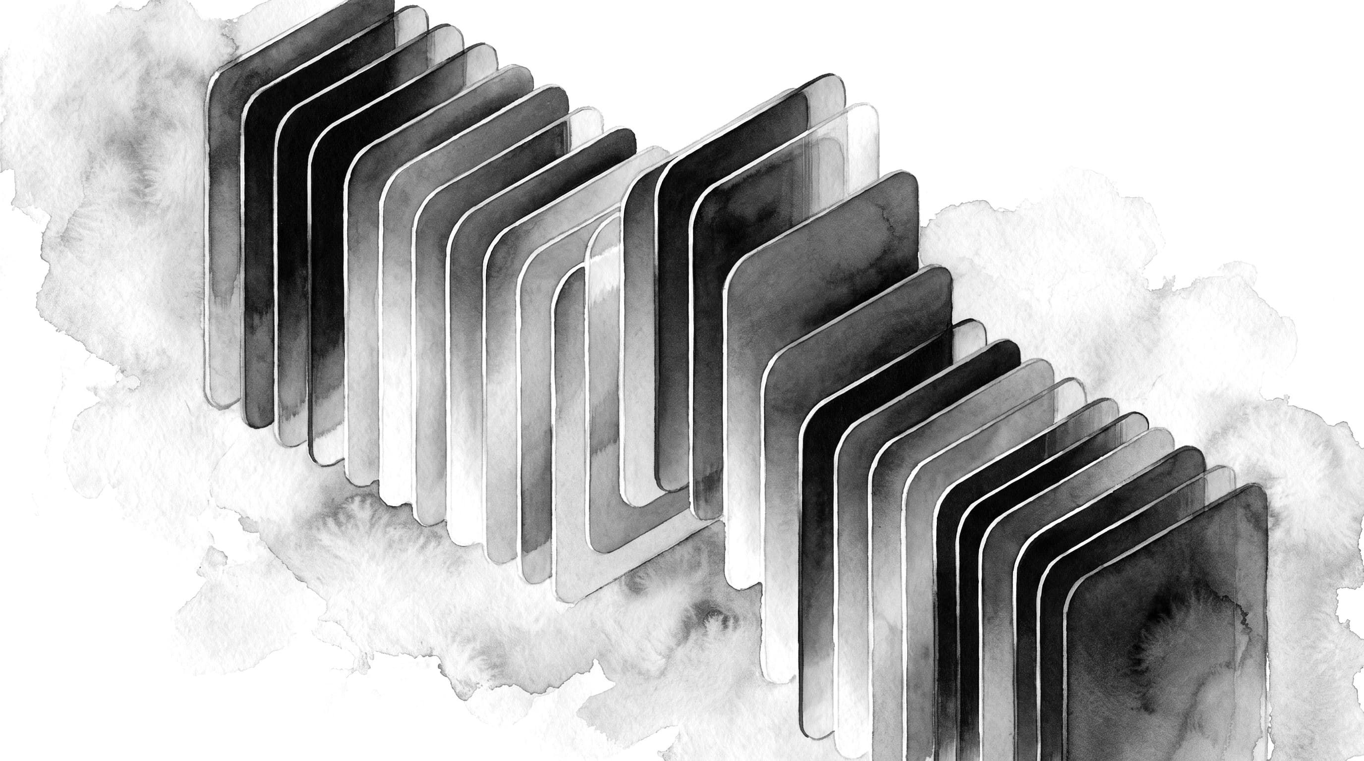 Watercolor study of a row of rounded panels fanned along a diagonal
