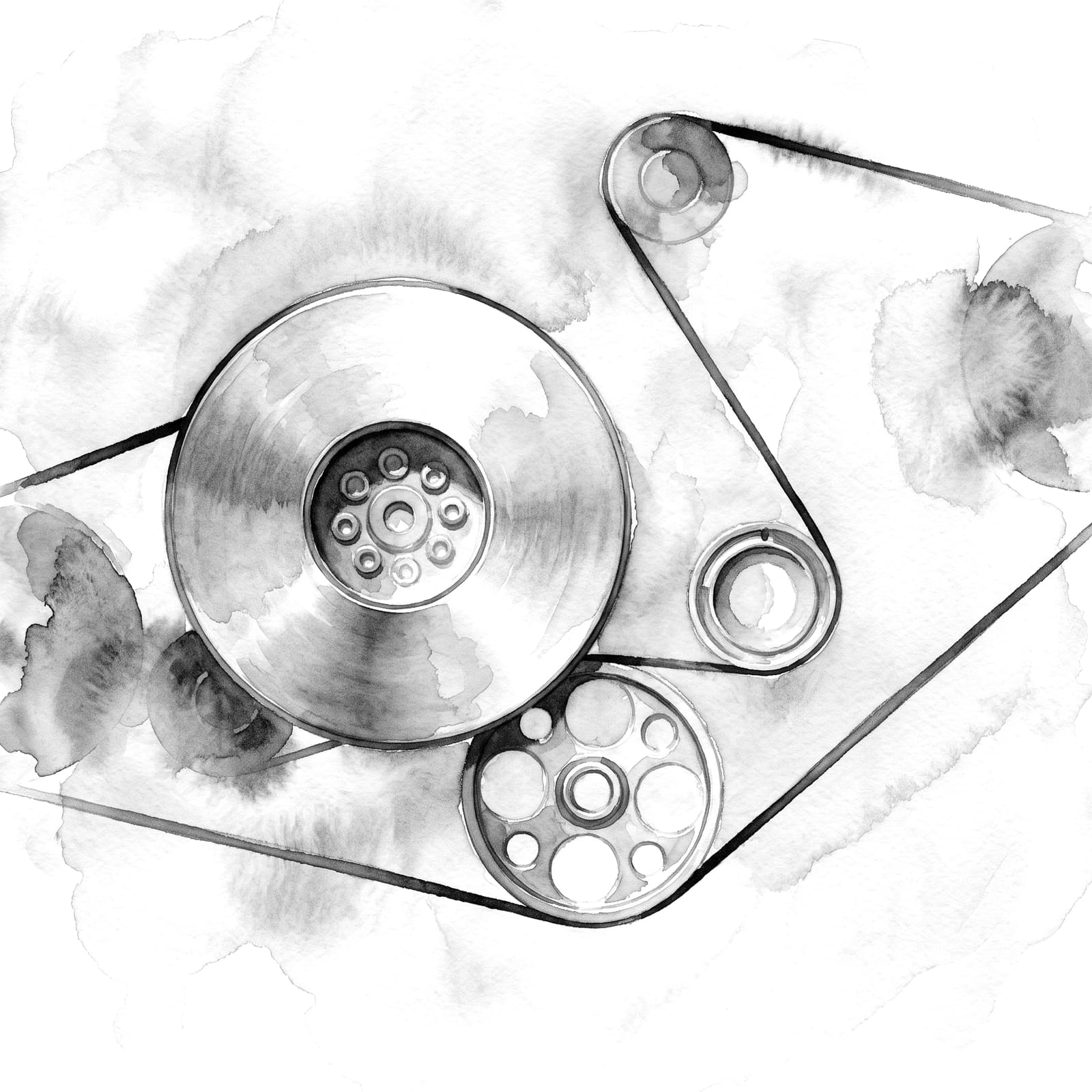 Watercolor study of a belt drive over three pulleys
