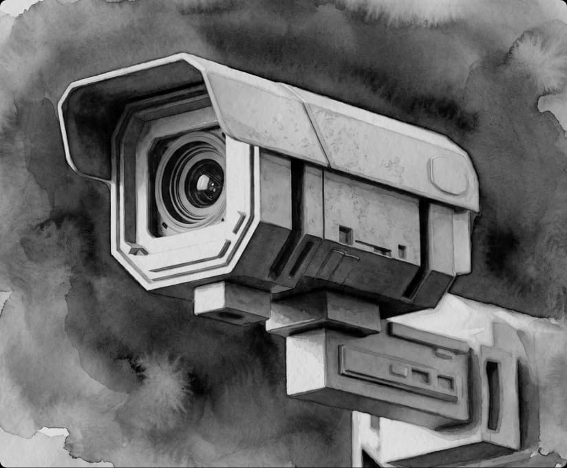 Watercolor study of an industrial security camera