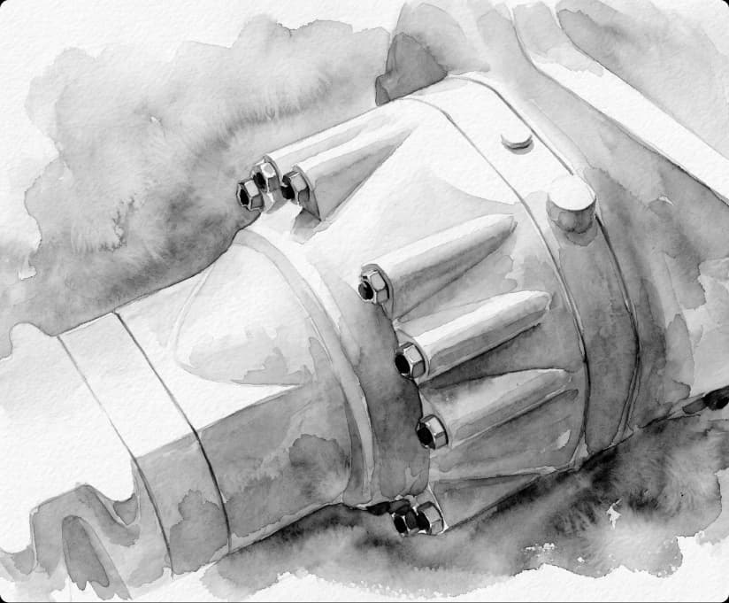 Watercolor close-up of a gloved hand holding an industrial motor