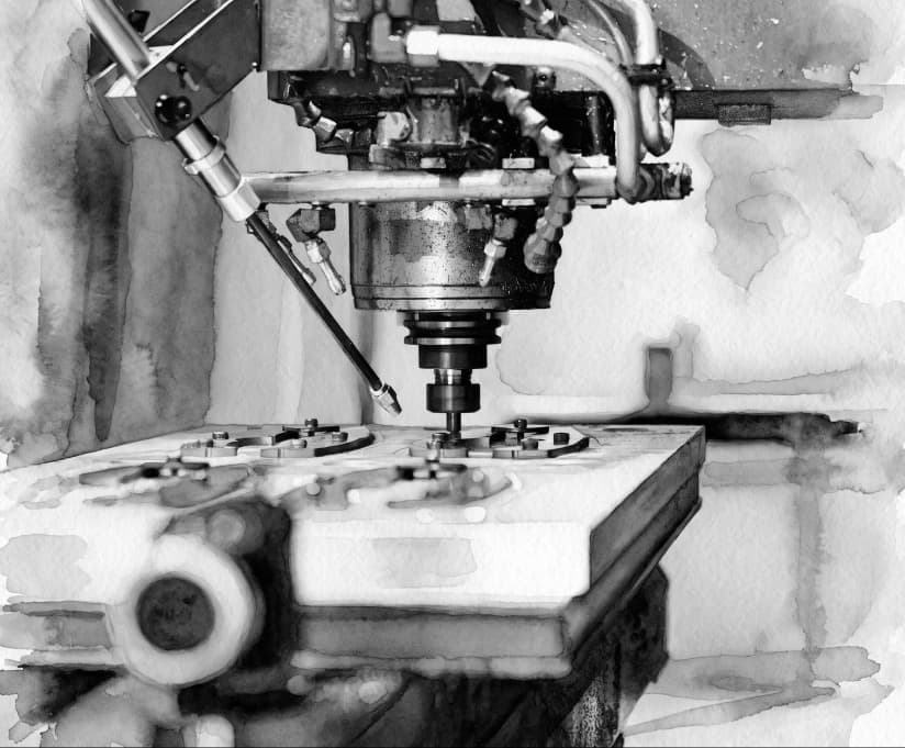Watercolor study of precision manufacturing equipment