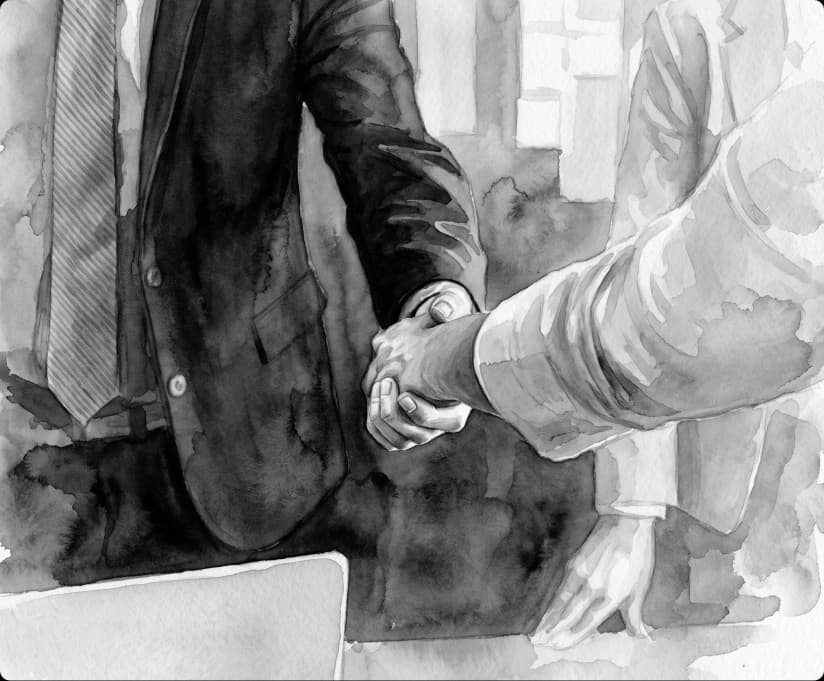 Watercolor close-up of two people shaking hands