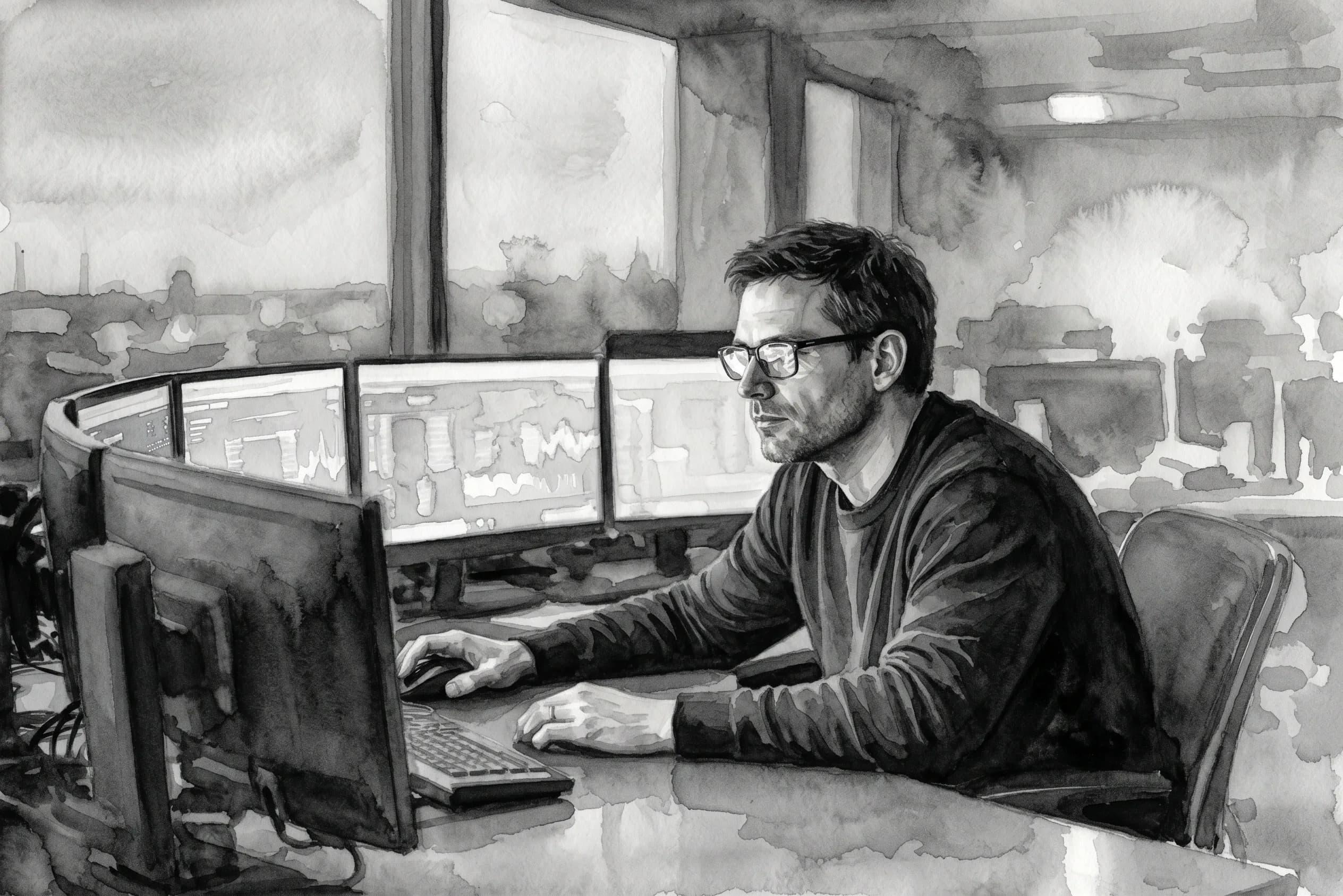 Watercolor study of an engineer at a curved bank of monitors