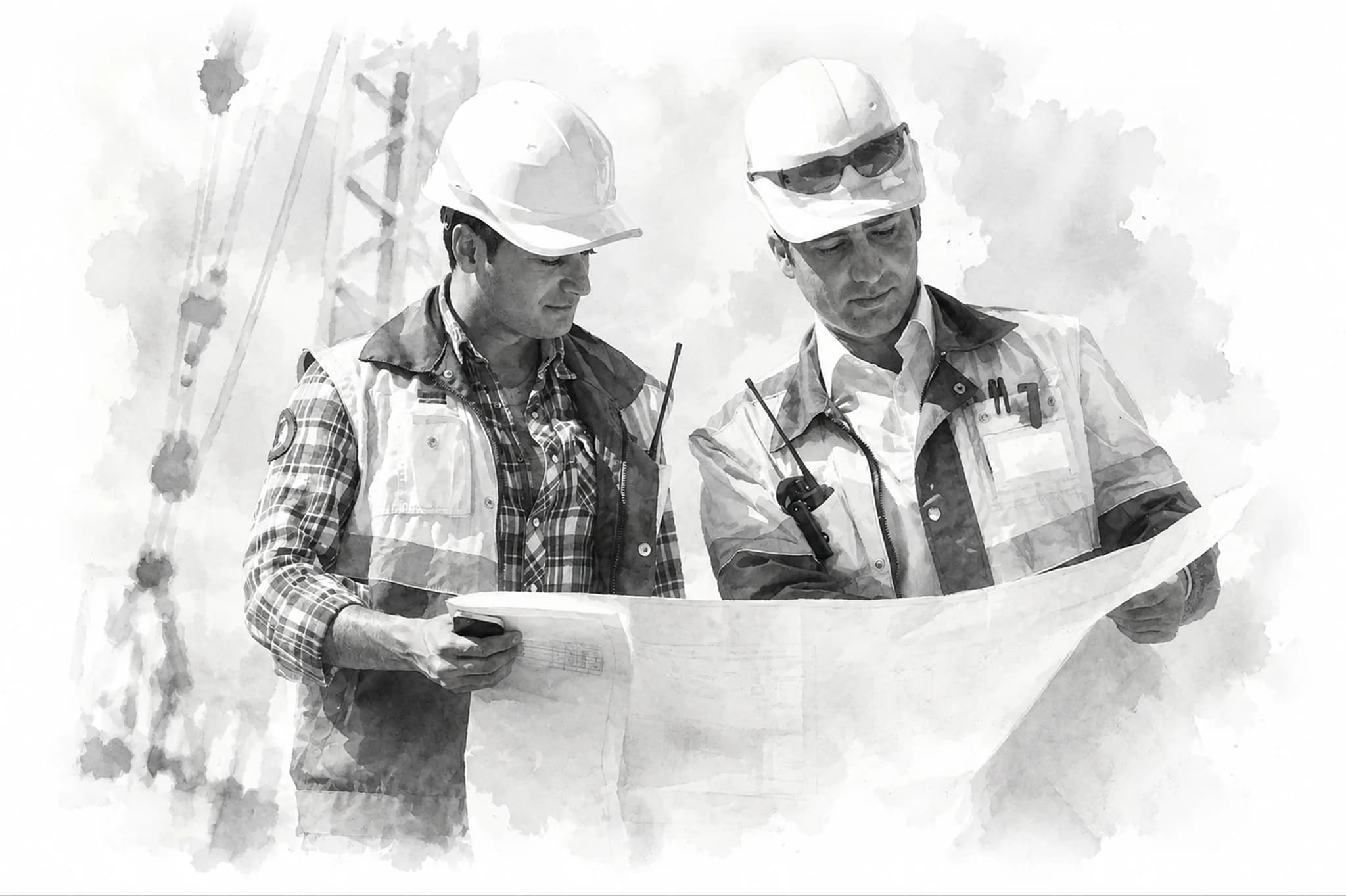 Watercolor study of two engineers reading a plan on a construction site