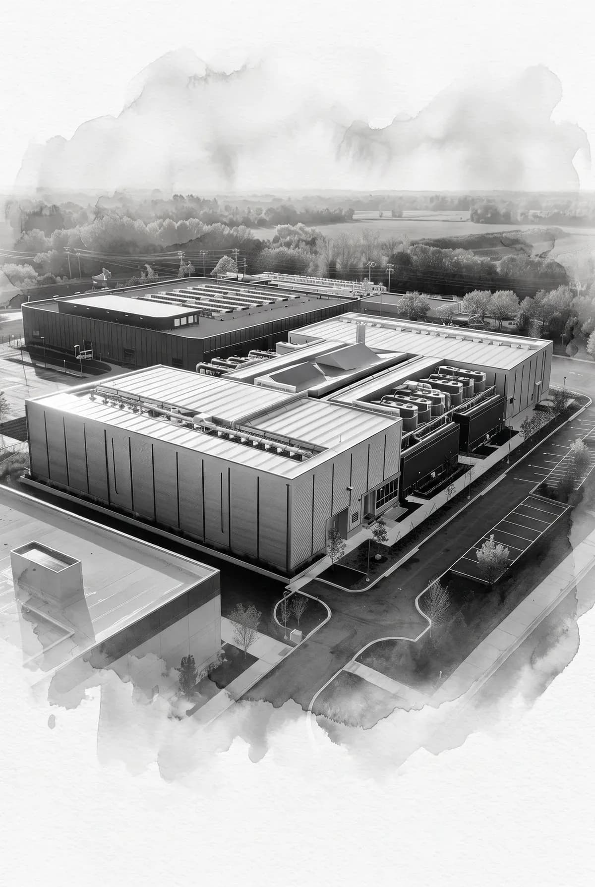 Watercolor aerial study of an industrial site