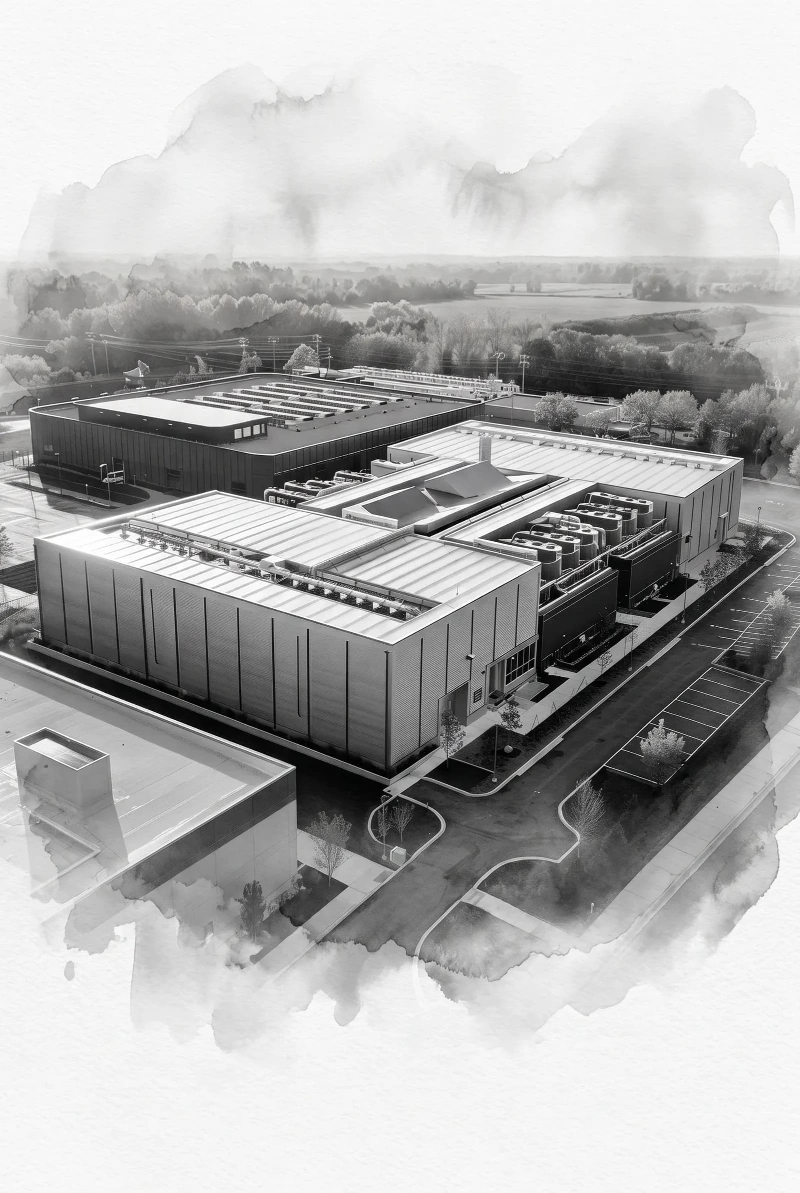 Watercolor aerial study of an industrial site
