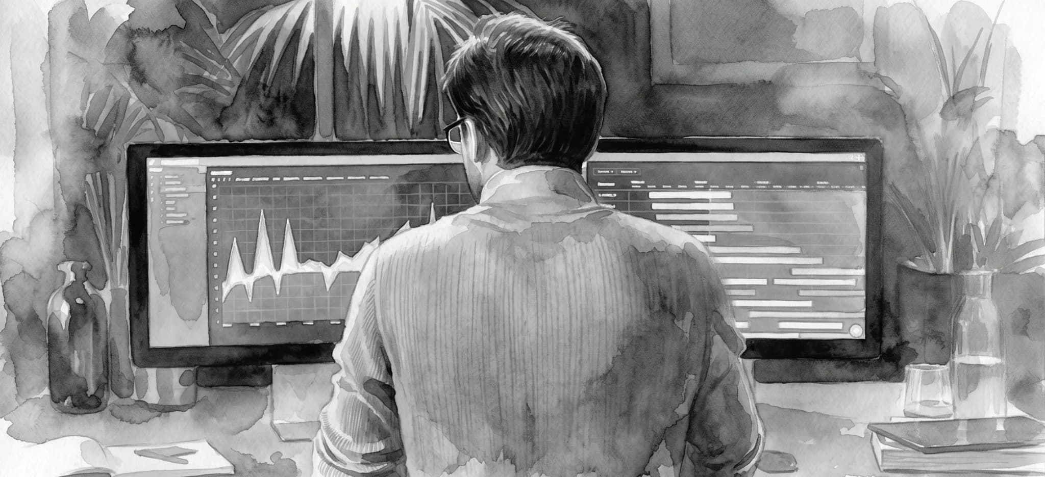 Watercolor study of an engineer at two monitors of charts