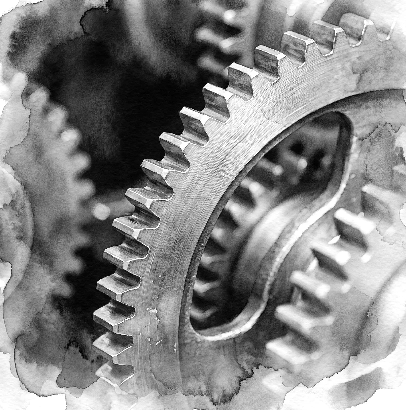 Watercolor study of two meshing gears