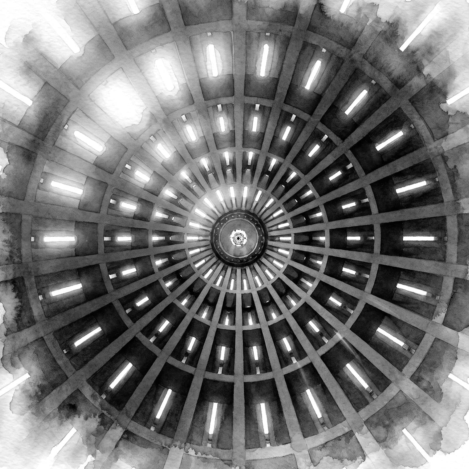 Watercolor study of a domed hall, looking up