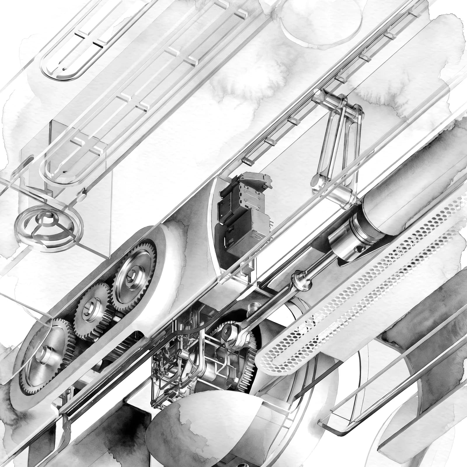 Watercolor study of a conveyor mechanism in section