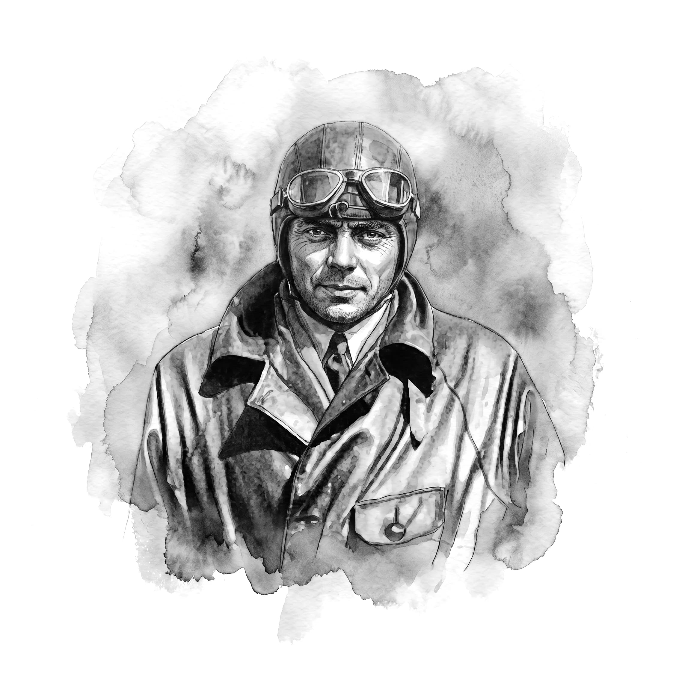 Watercolor portrait of an aviator in a leather flying cap and goggles